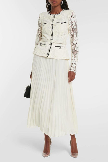 Lace Splicing Embroidered Pleat Midi Dress