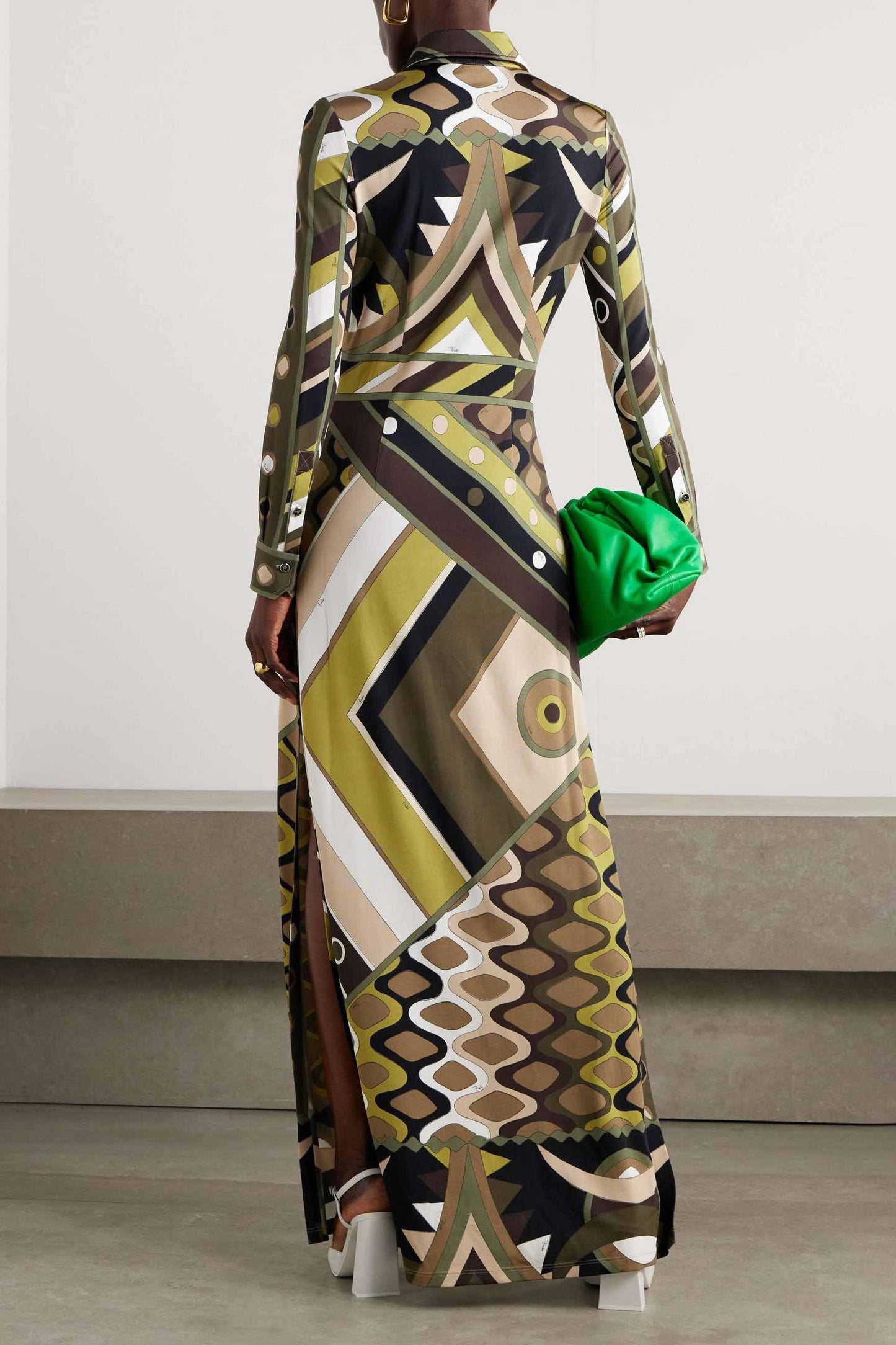 Abstract Print Shirt Collar Long Sleeve Maxi Dress