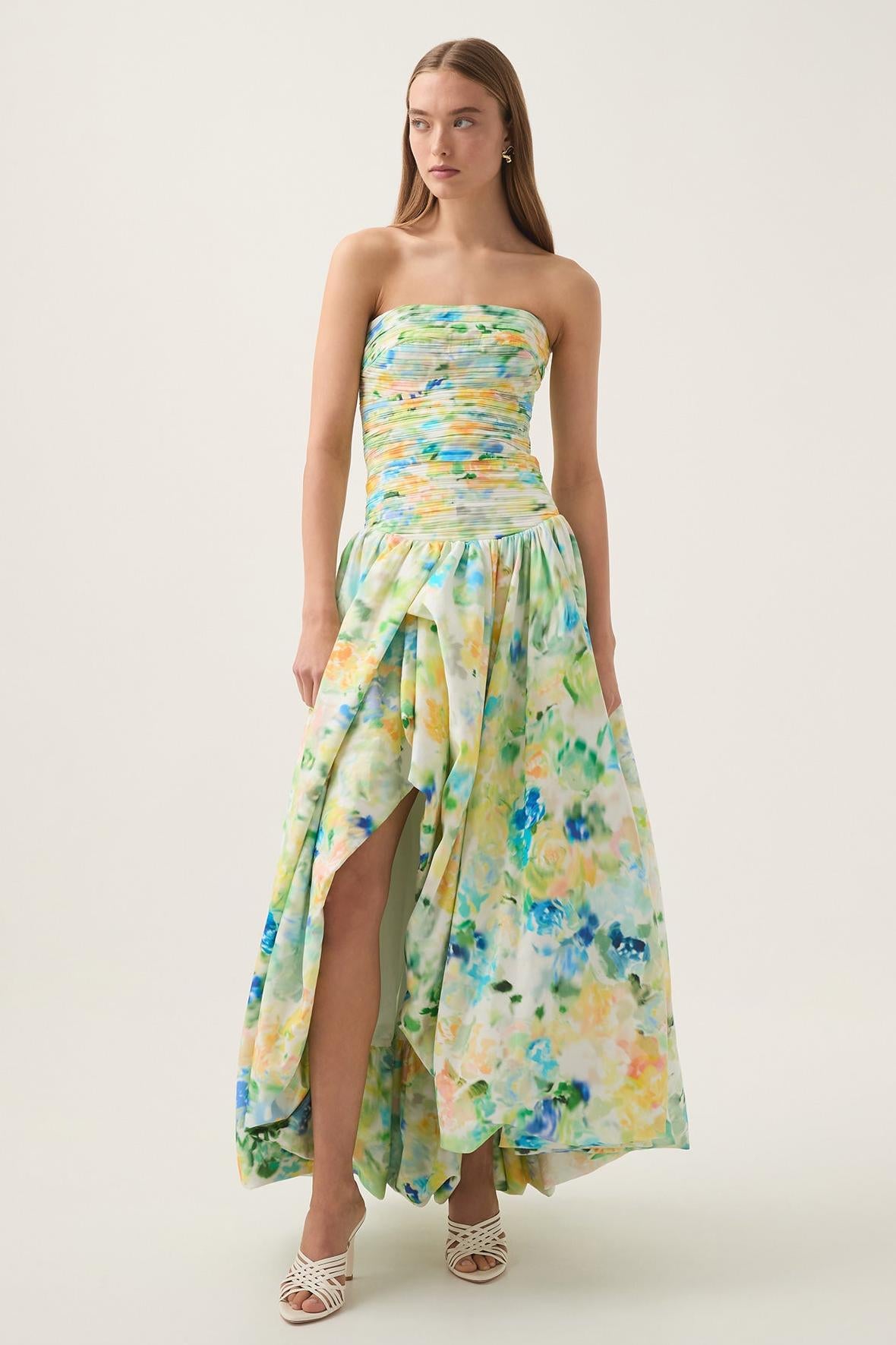 Tie Dye Pleat Split Midi Dress