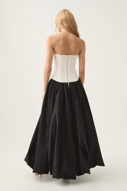 Pleat Split Contrast Color Off-Shoulder Midi Dress