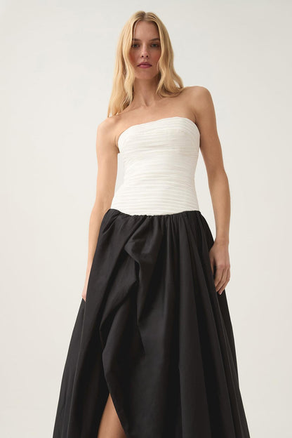 Pleat Split Contrast Color Off-Shoulder Midi Dress