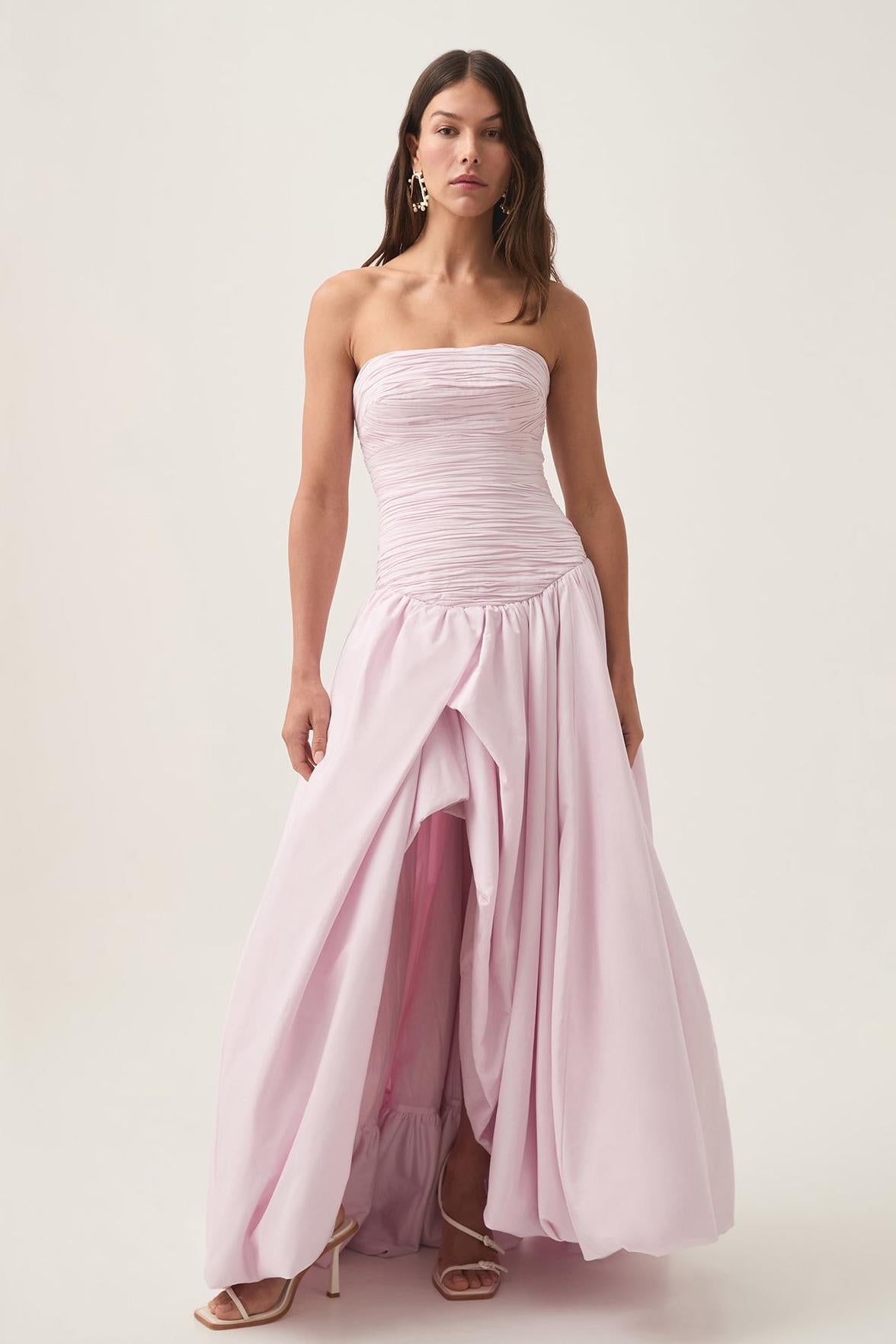 Off-Shoulder Pleat Split Solid Maxi Dress