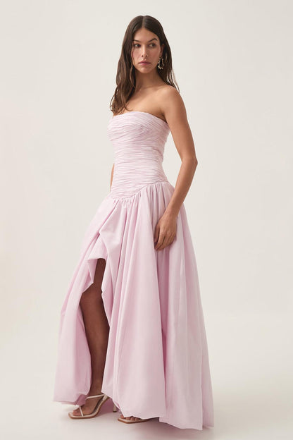 Off-Shoulder Pleat Split Solid Maxi Dress