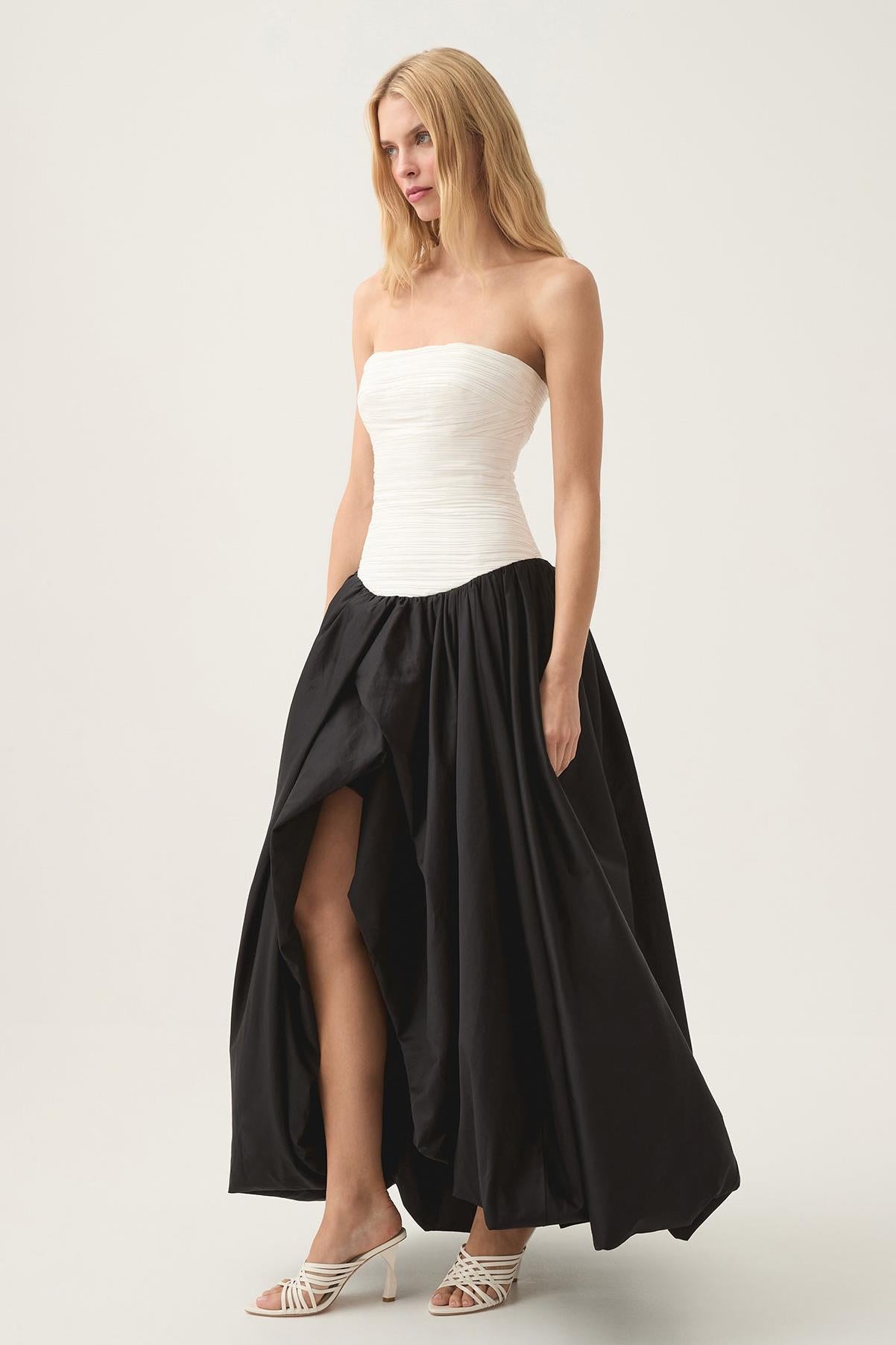 Pleat Split Contrast Color Off-Shoulder Midi Dress