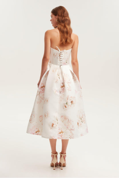 Floral Off-Shoulder Lace Up Midi Dress