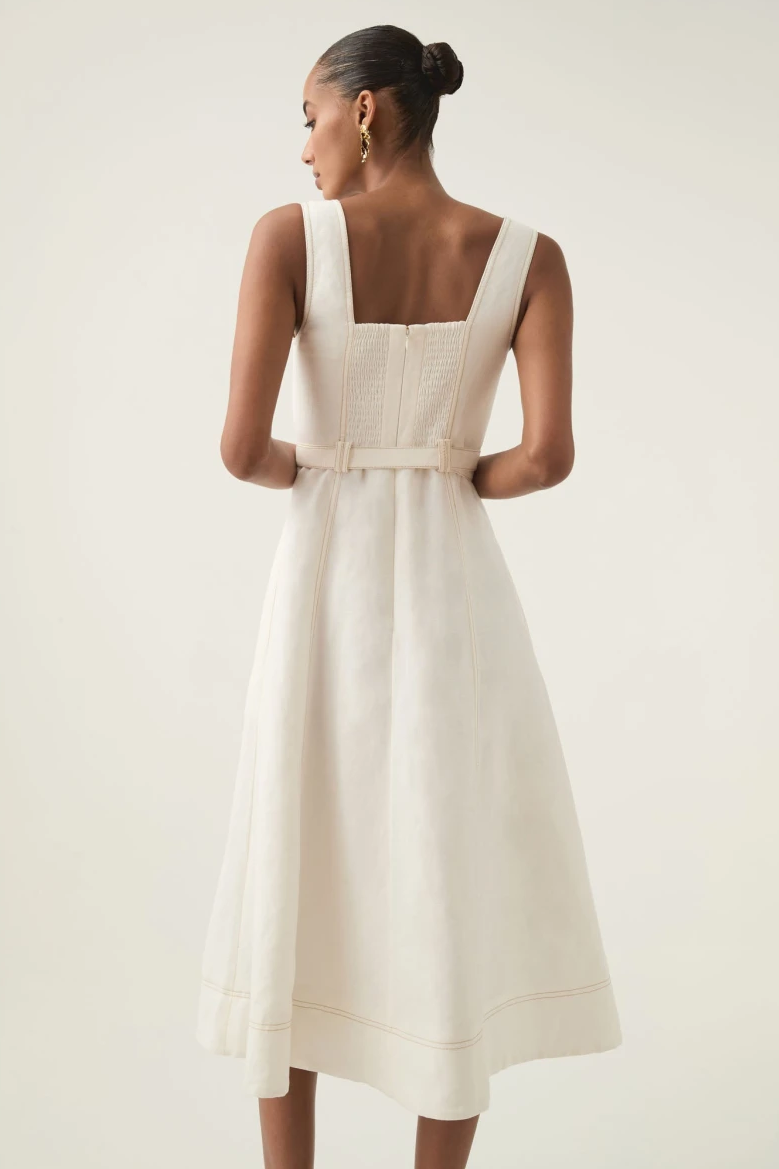 Square Neck Solid Linen Midi Dress With Belt