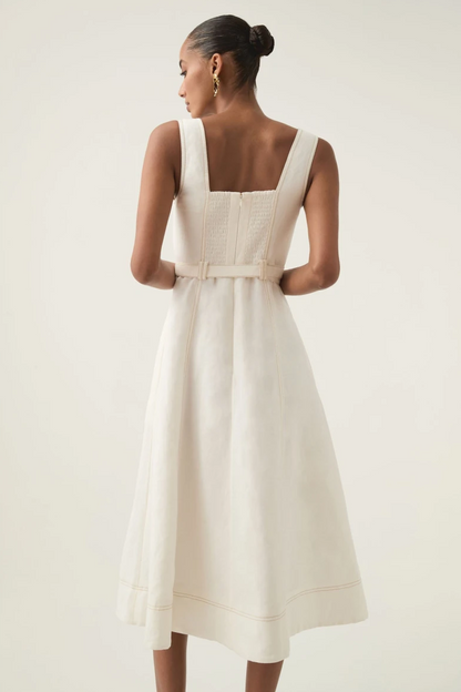 Square Neck Solid Linen Midi Dress With Belt