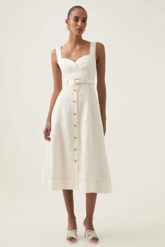 Square Neck Solid Linen Midi Dress With Belt