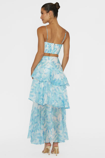 Abstract Print Top ＆ High Waist Ruffle Skirt Set
