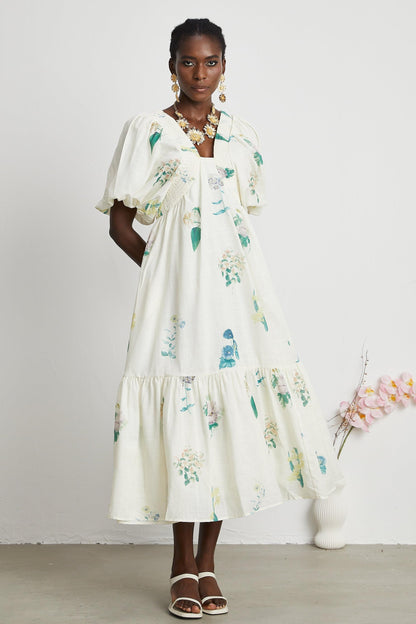 Floral Puff Sleeve Smocking Midi Dress
