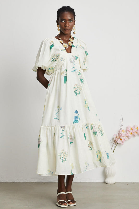 Floral Puff Sleeve Smocking Midi Dress