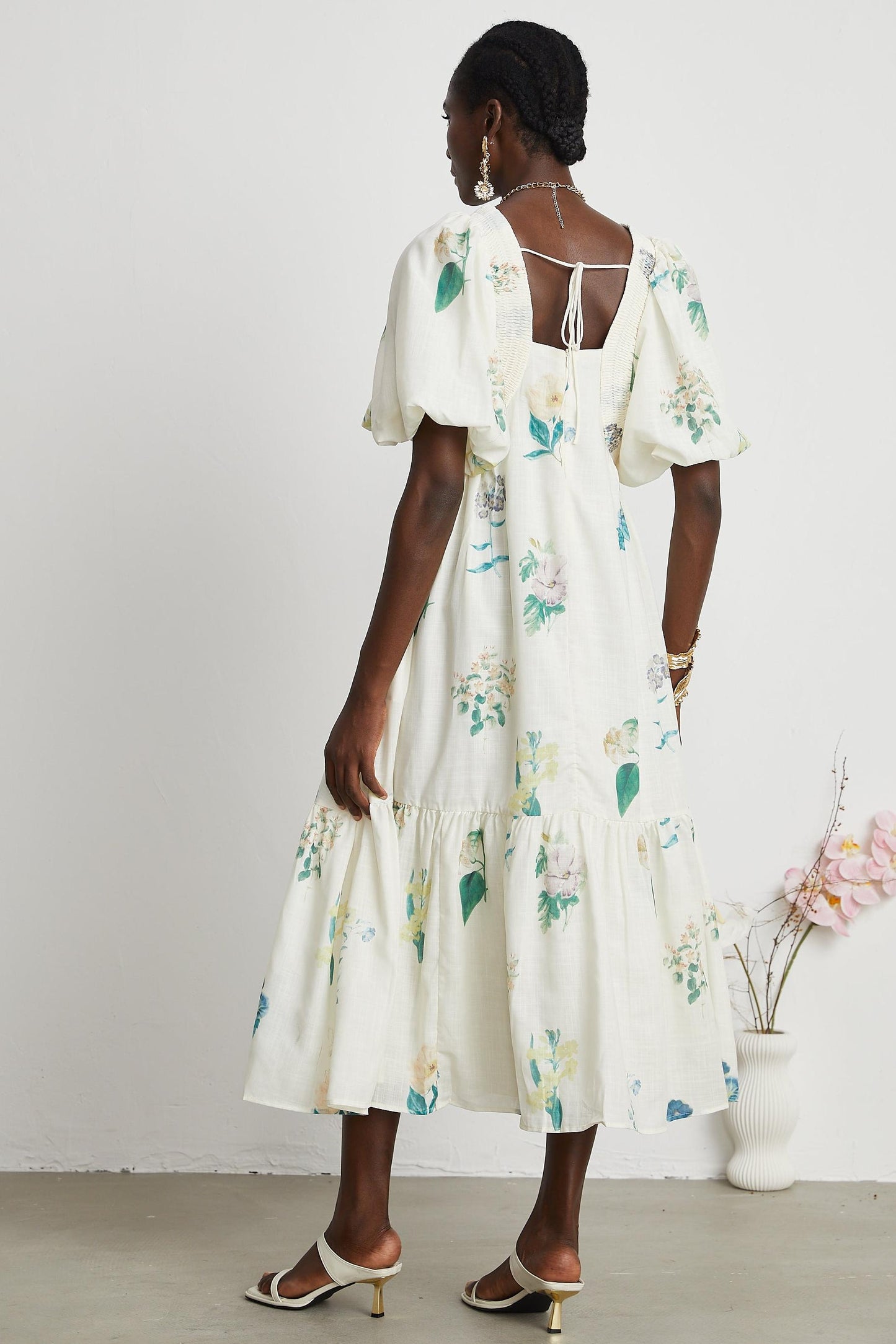 Floral Puff Sleeve Smocking Midi Dress