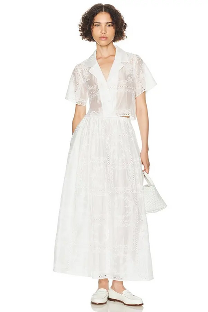 Solid Embroidred Top ＆ Mid Waist Embroidered Skirt Set