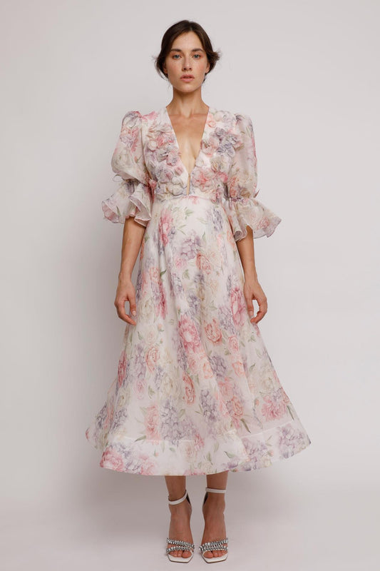 3D Flower Floral Lantern Sleeve Midi Dress