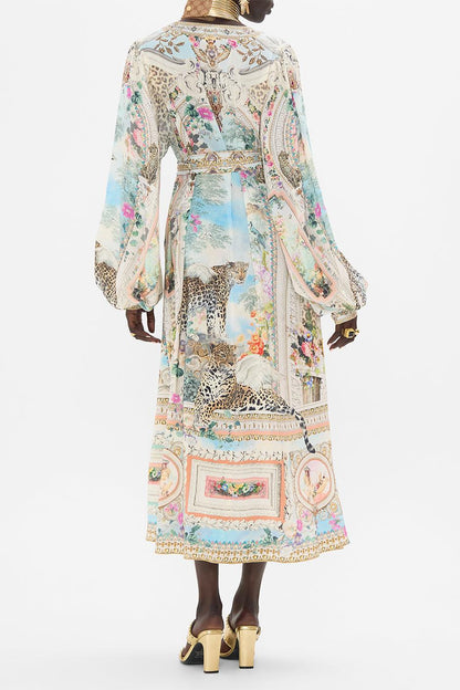 Rhinestone Floral V-Neck Midi Dress