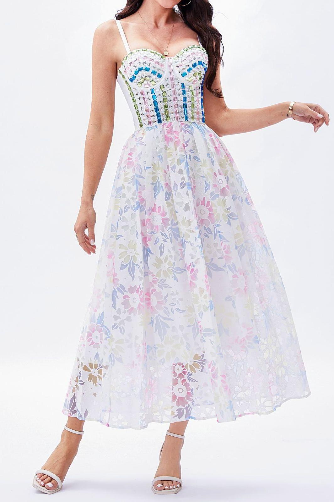 Rhinestone Corset Pleated Midi Dress