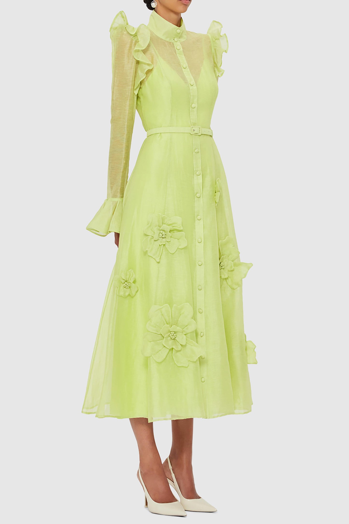 Solid 3D Floral Frill Midi Dress