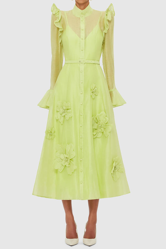 Solid 3D Floral Frill Midi Dress