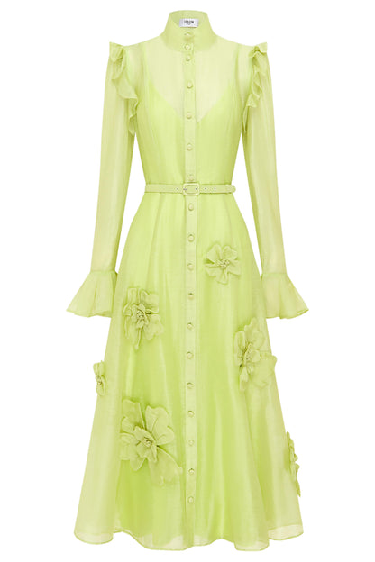 Solid 3D Floral Frill Midi Dress