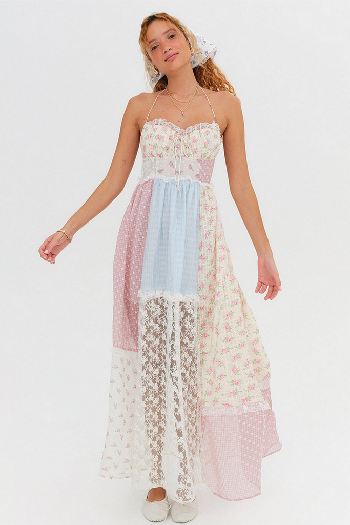 Floral Patchwork Print Lace Midi Dress