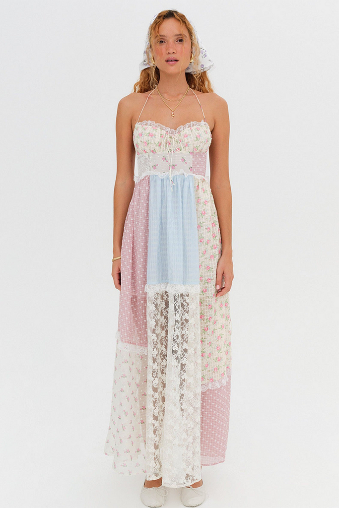 Floral Patchwork Print Lace Midi Dress