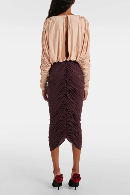 3D Flower Shirring V-Neck Midi Dress