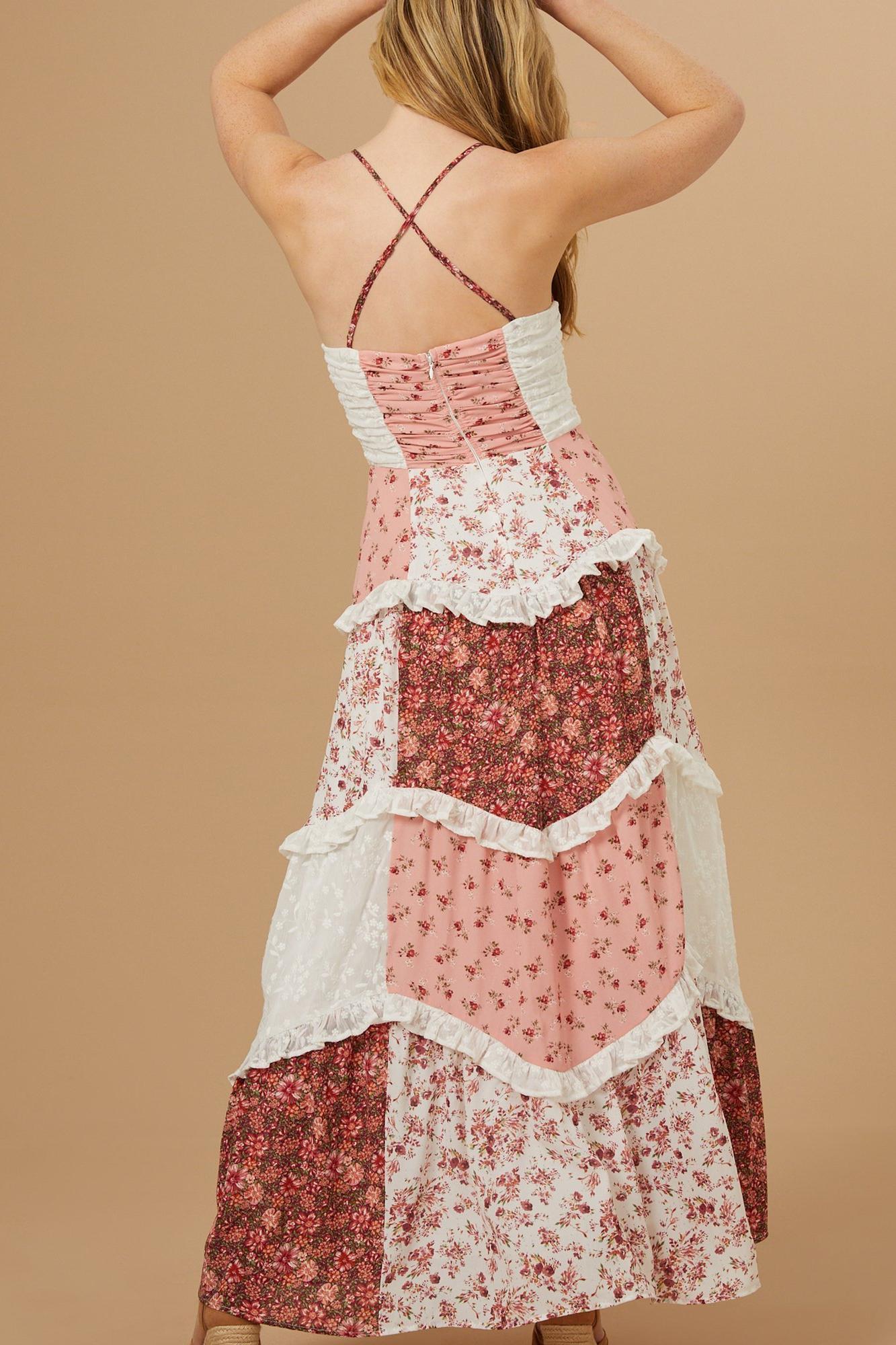 Floral Splicing Frill Midi Dress