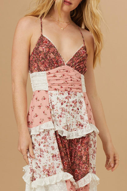 Floral Splicing Frill Midi Dress