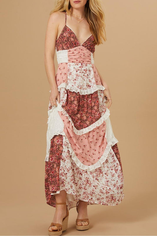 Floral Splicing Frill Midi Dress