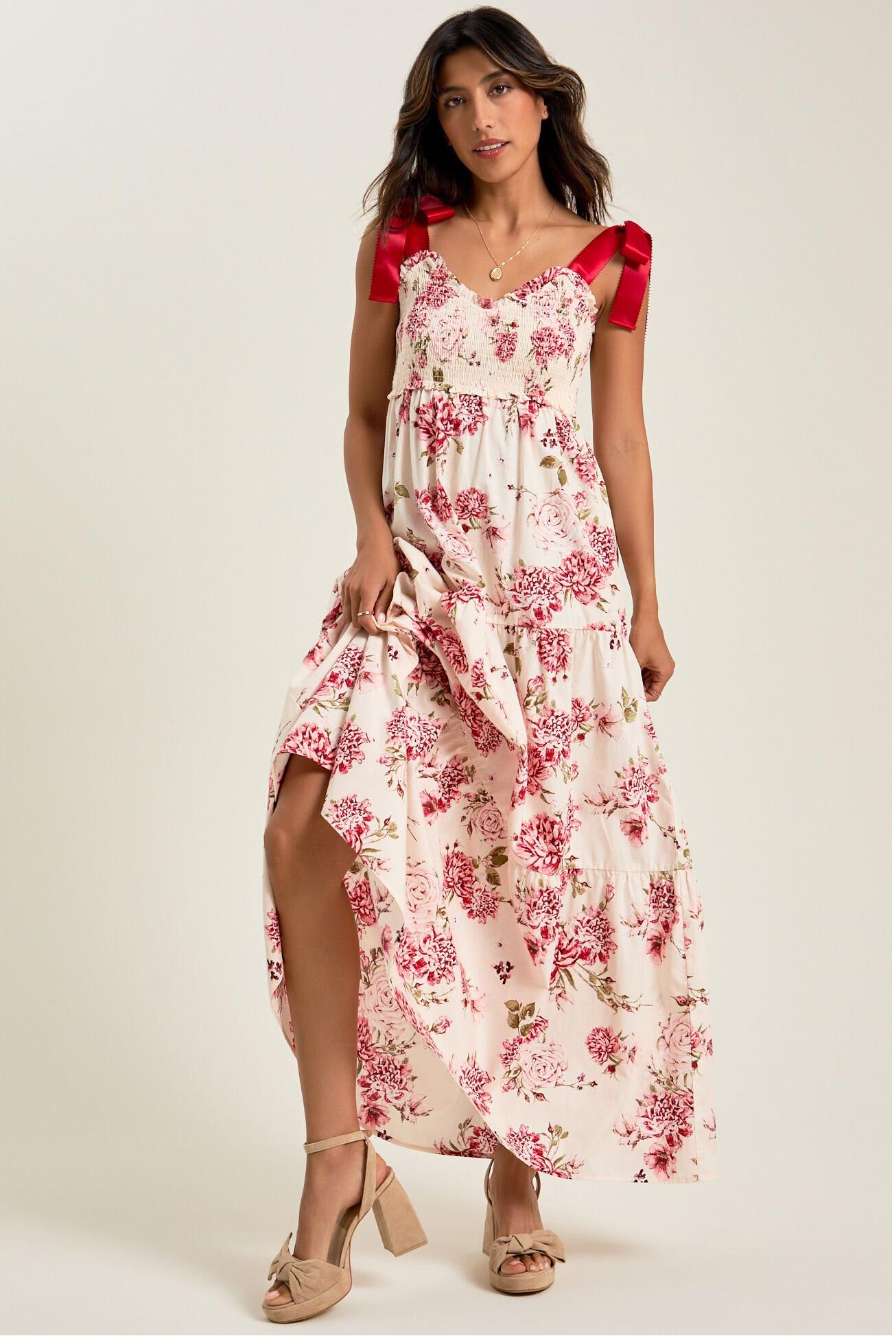 Floral Lace Up Smock Midi Dress