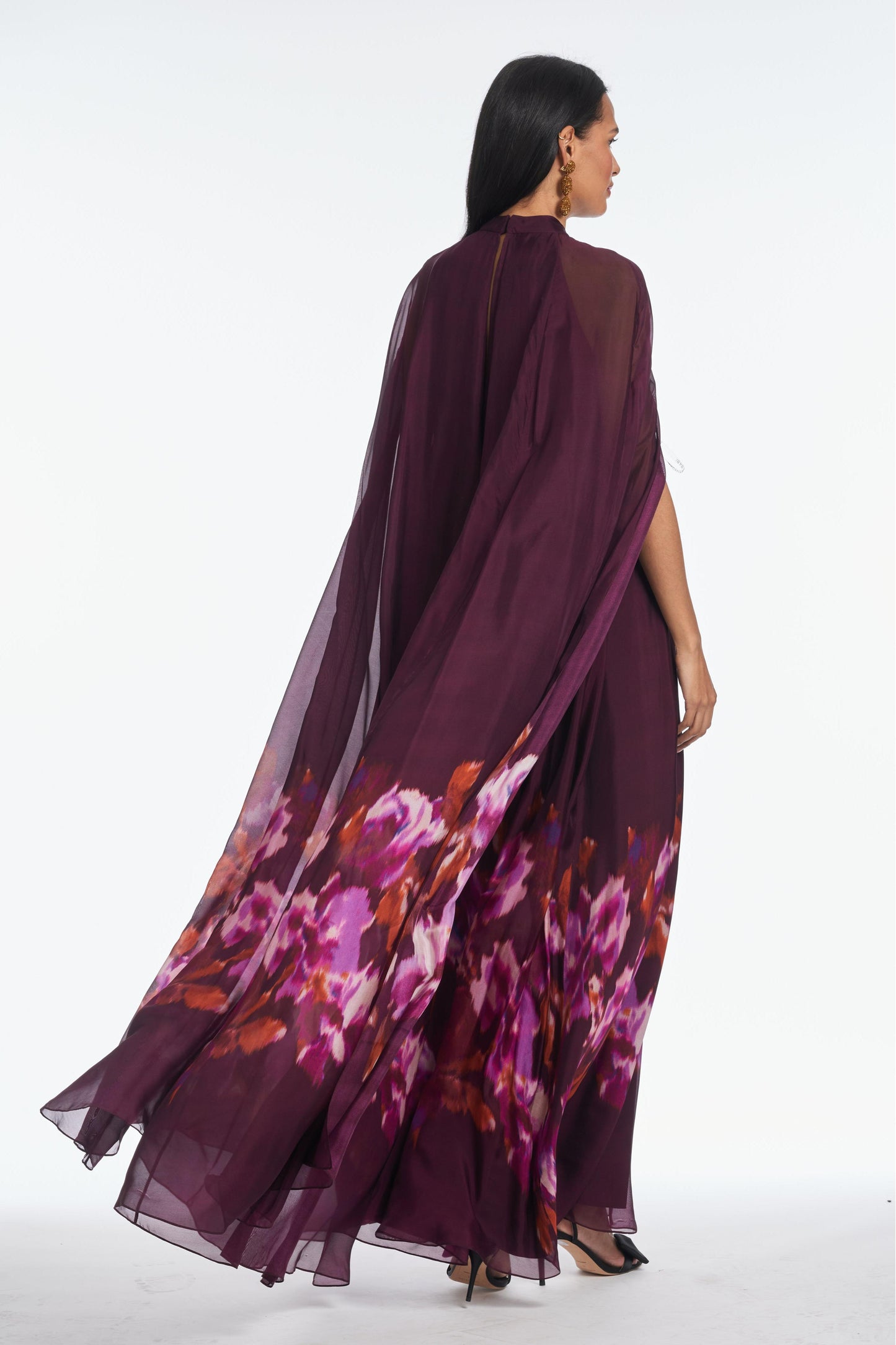 Floral Cape Sleeve Low Neck Maxi Dress