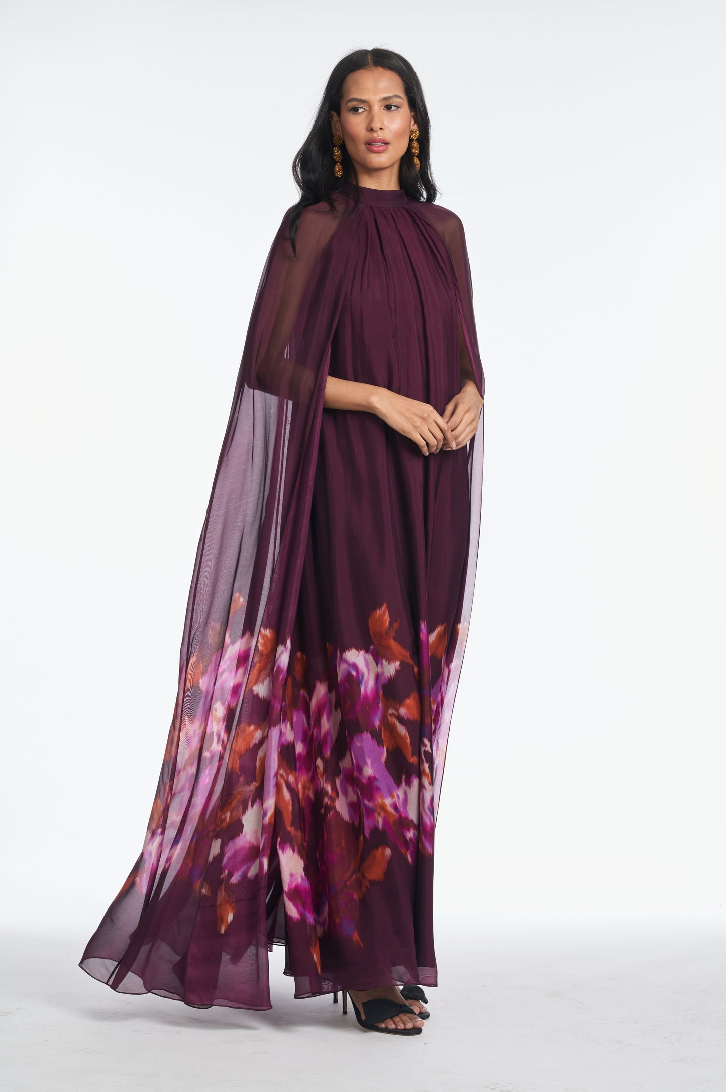 Floral Cape Sleeve Low Neck Maxi Dress