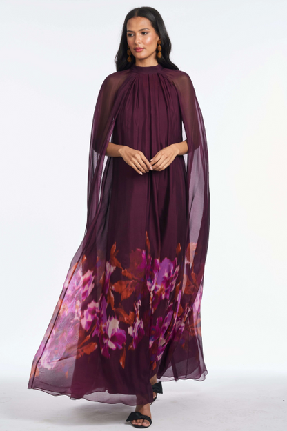 Floral Cape Sleeve Low Neck Maxi Dress