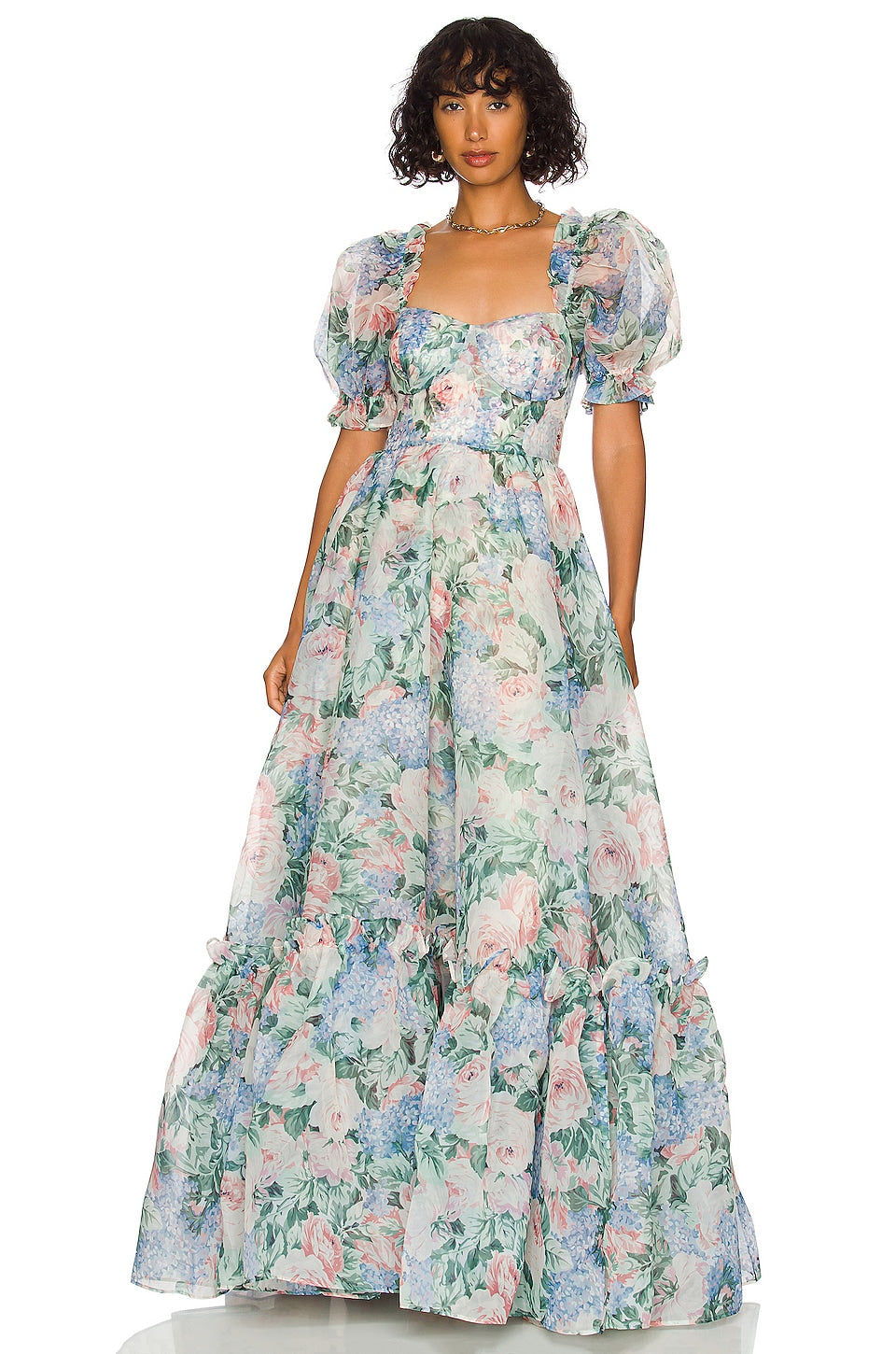 Chiffon Floral Puff Sleeve Ruffle Maxi Dress