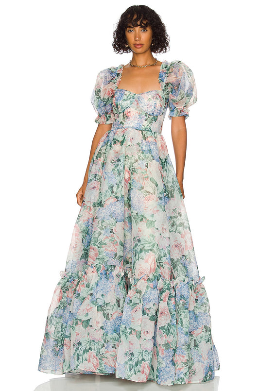 Chiffon Floral Puff Sleeve Ruffle Maxi Dress