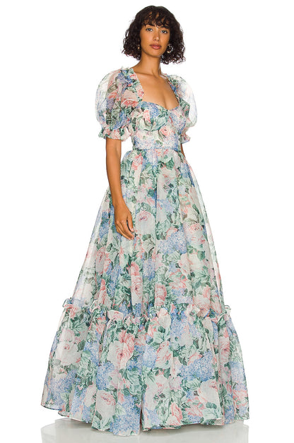 Chiffon Floral Puff Sleeve Ruffle Maxi Dress