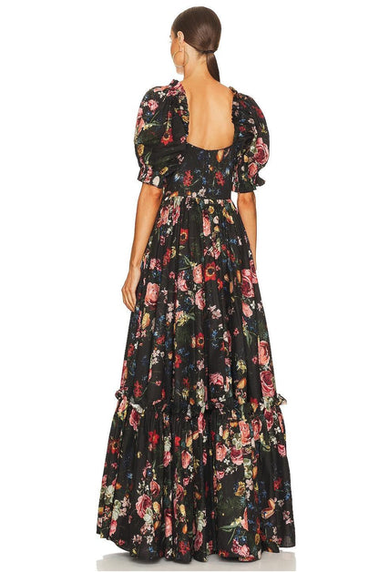 Floral Puff Sleeve Sweetheart Neck Maxi Dress