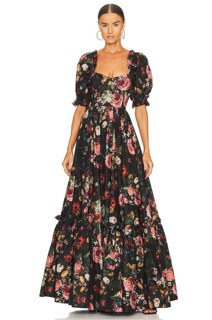 Floral Puff Sleeve Sweetheart Neck Maxi Dress