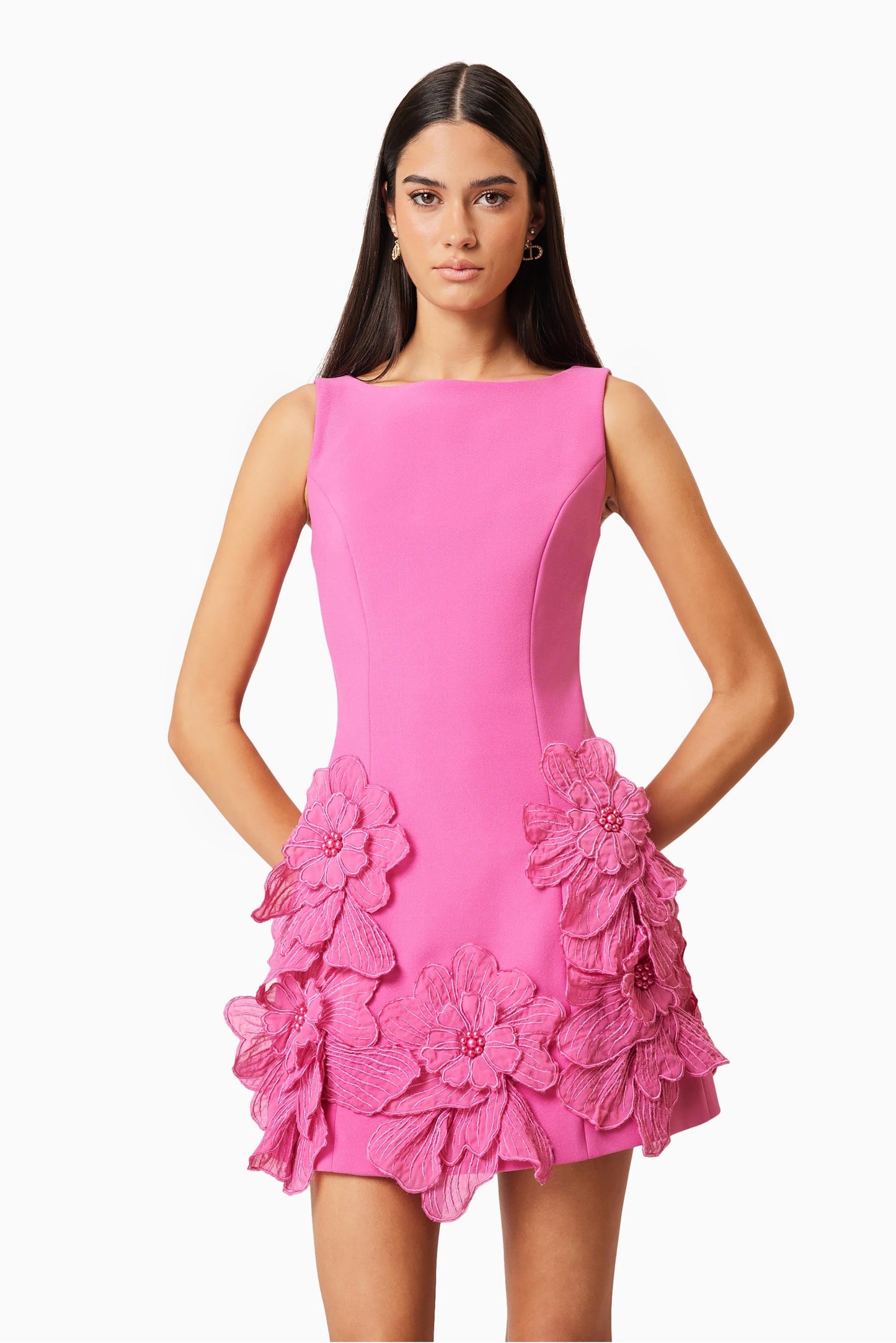 3D Flower Solid Round Neck Mini Dress