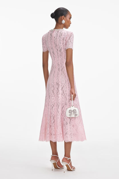 Rhinestone Faux Pearl Lace Midi Dress