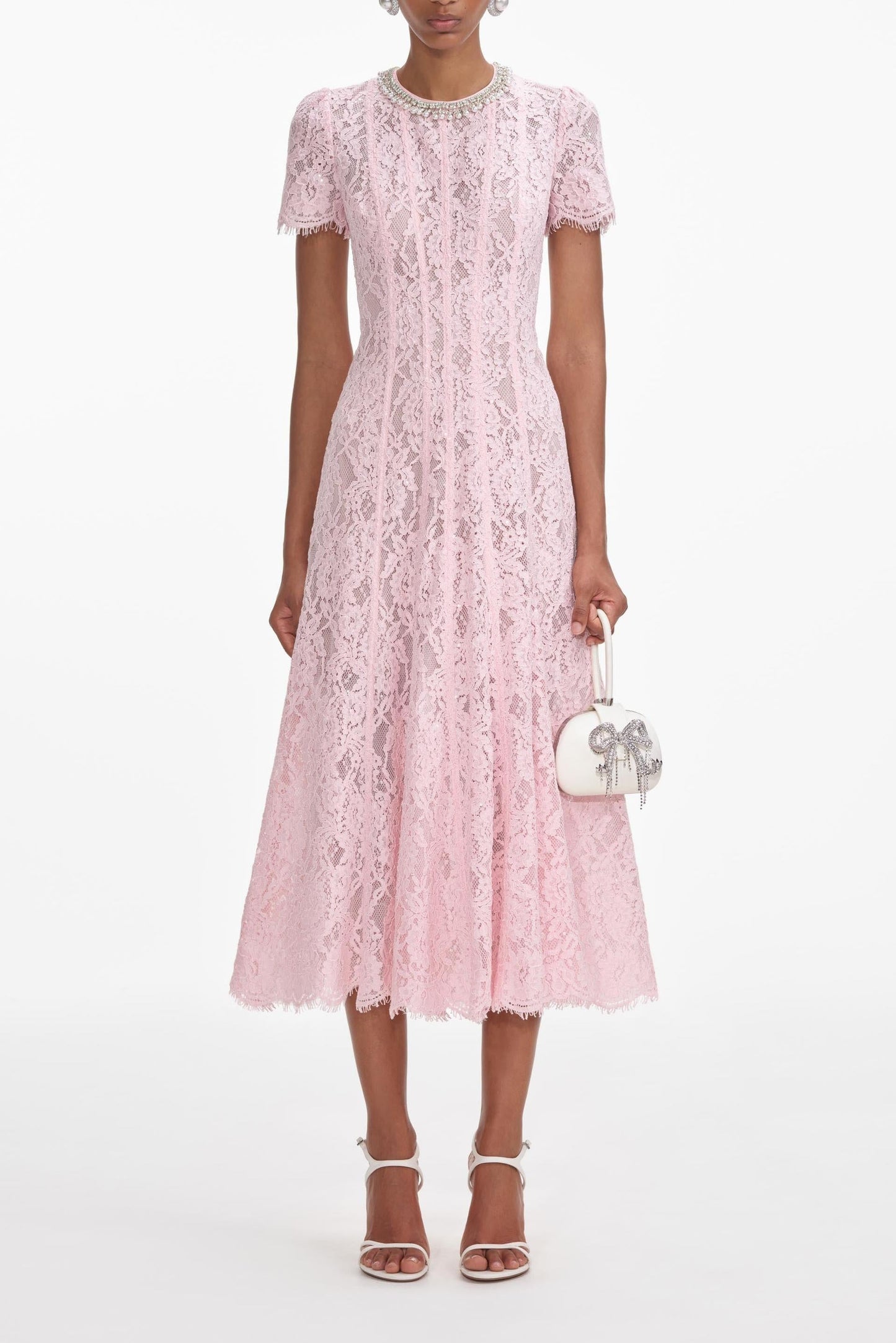 Rhinestone Faux Pearl Lace Midi Dress