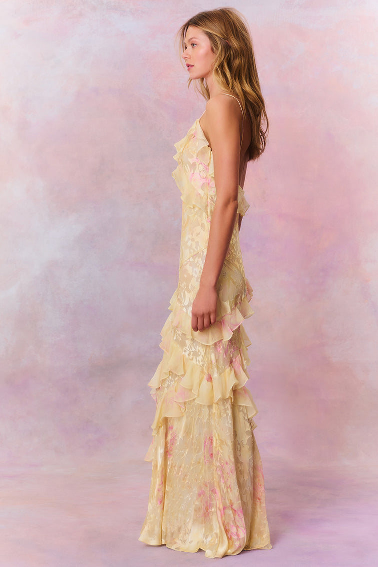 Burn-Out Ruffle Backless Maxi Dress