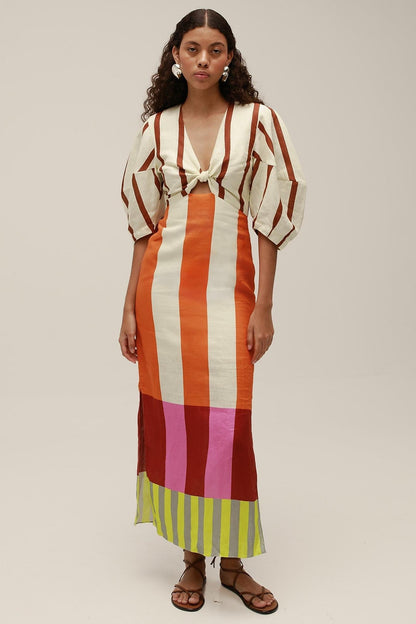 Stripe Knotted Mid Sleeve Midi Dress
