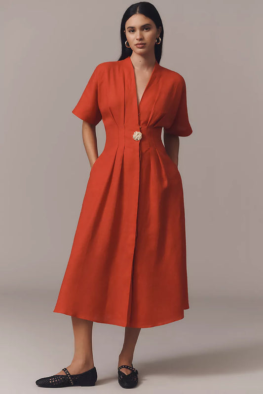 Metal Embellishment V-Neck Pleated Midi Dress