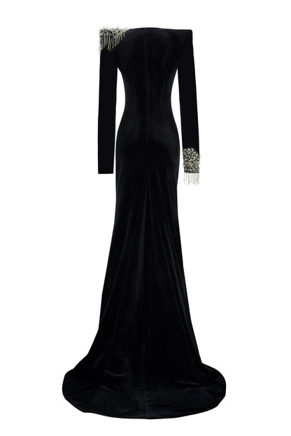 Nail Bead Embroidery Velvet Maxi Dress