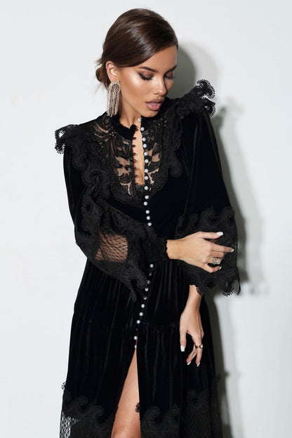 Velvet Lace Faux Pearl Midi Dress
