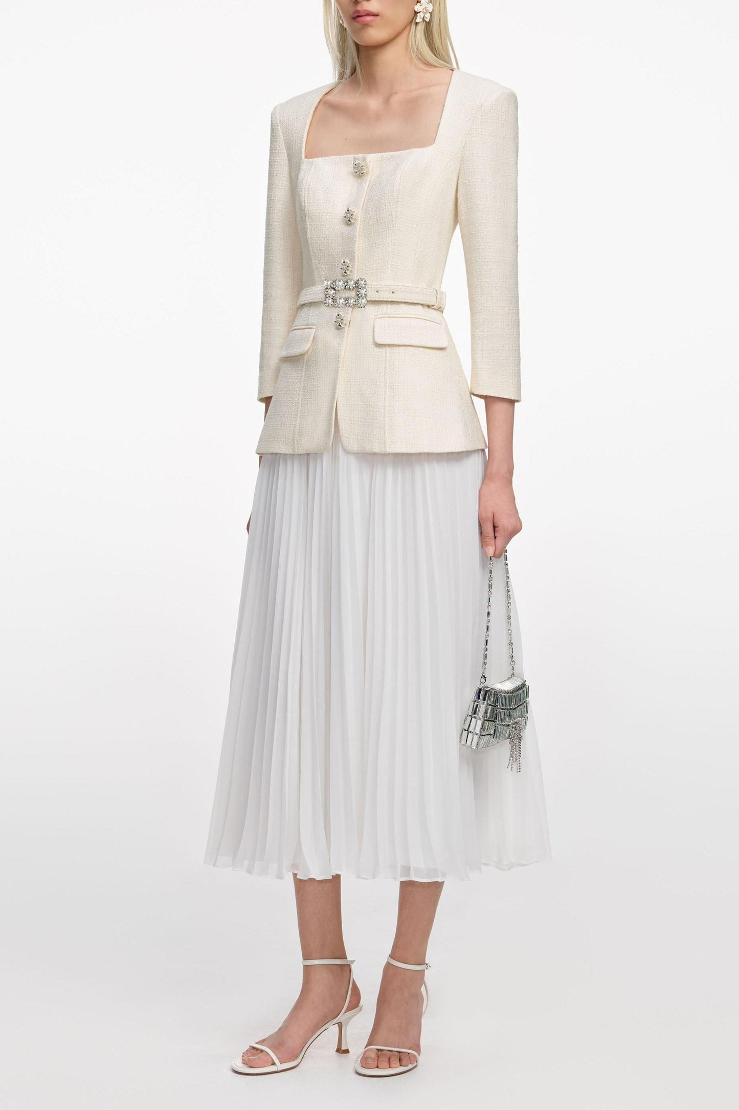 Pleated Metal Button Midi Dress With Belt