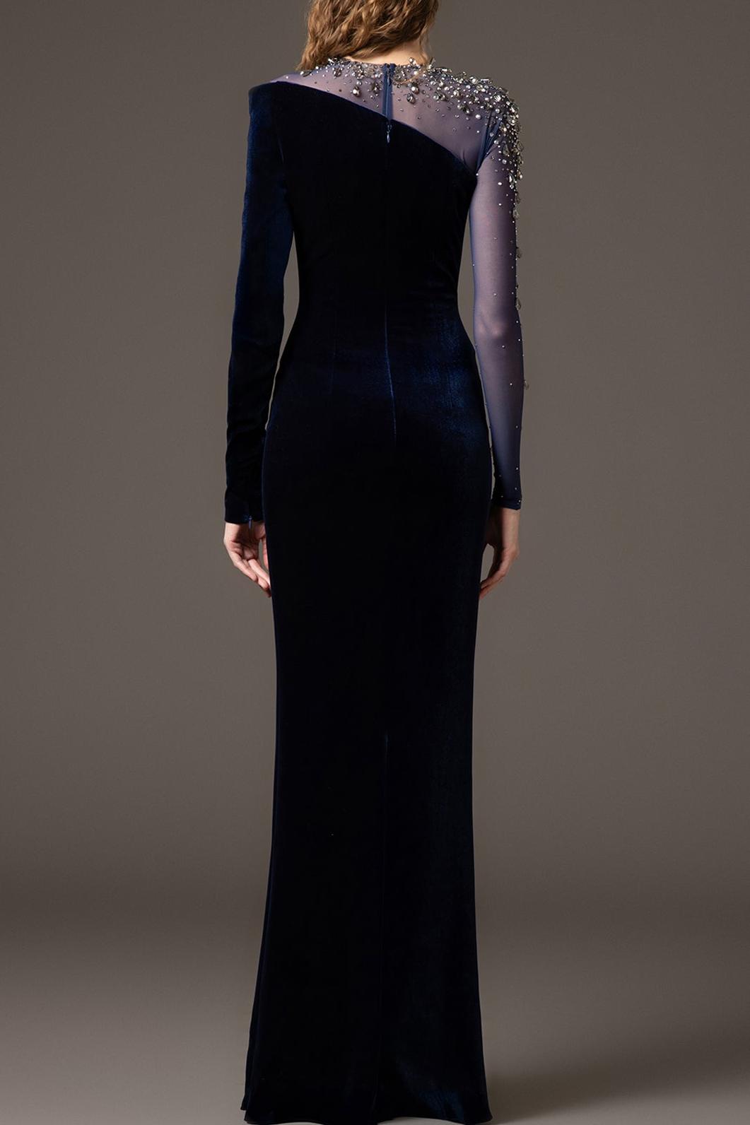 Velvet Rhinestone Rivets Asymmetrical Maxi Dress