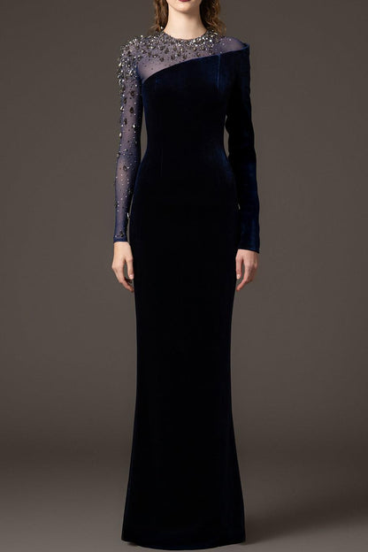 Velvet Rhinestone Rivets Asymmetrical Maxi Dress