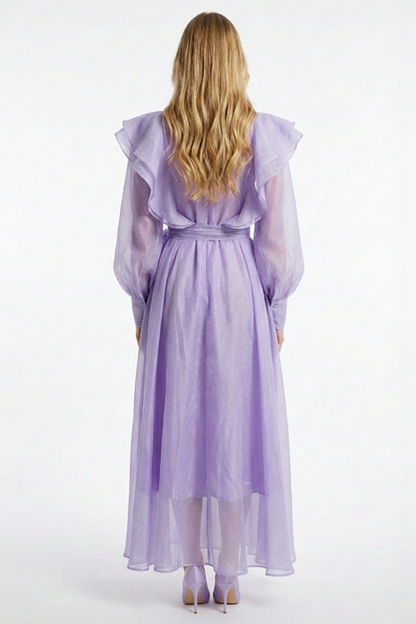 Chiffon Rhinestone Ruffle Maxi Dress With Belt
